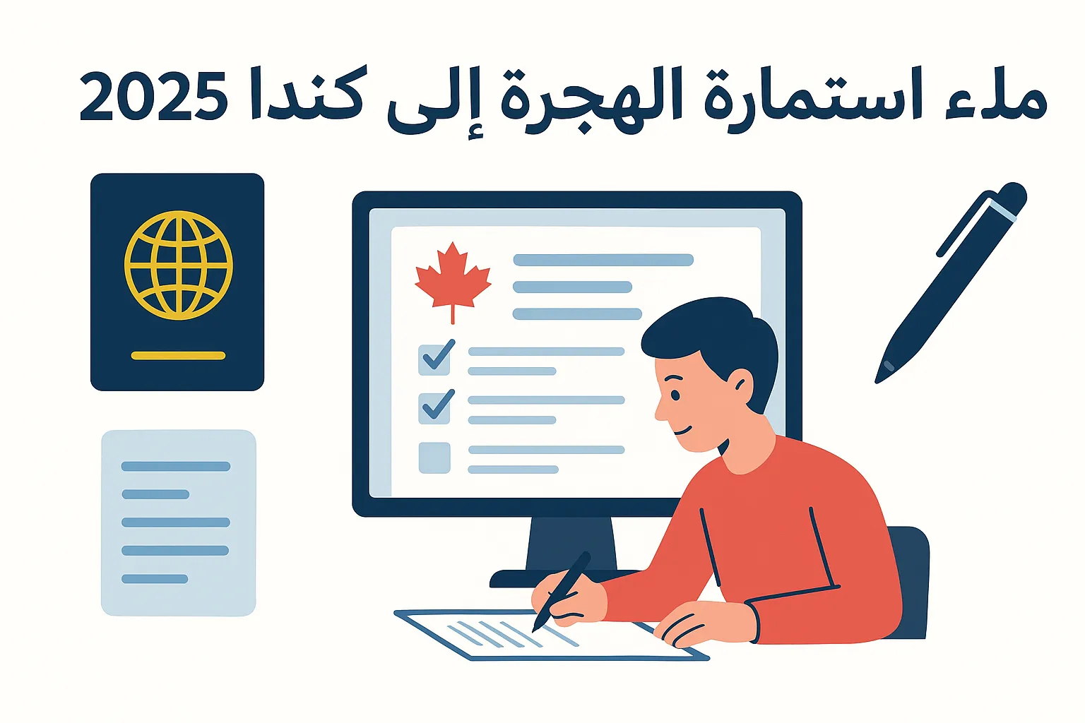 ملء استمارة الهجرة إلى كندا 2025 مع أيقونات الجواز والوثائق والكمبيوتر