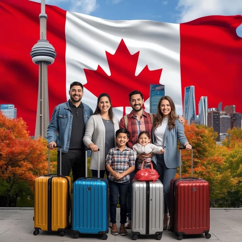 عائلة تحمل حقائب سفر تقف أمام علم كندا، في إشارة إلى الهجرة العائلية إلى كندا عام 2025.