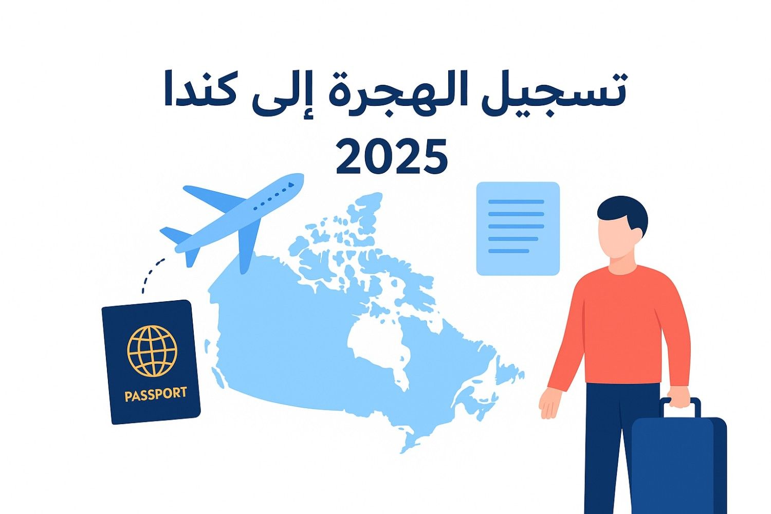 صورة توضيحية تُظهر خطوات تسجيل الهجرة إلى كندا 2025 مع جواز سفر وخريطة كندا وأيقونات الهجرة.