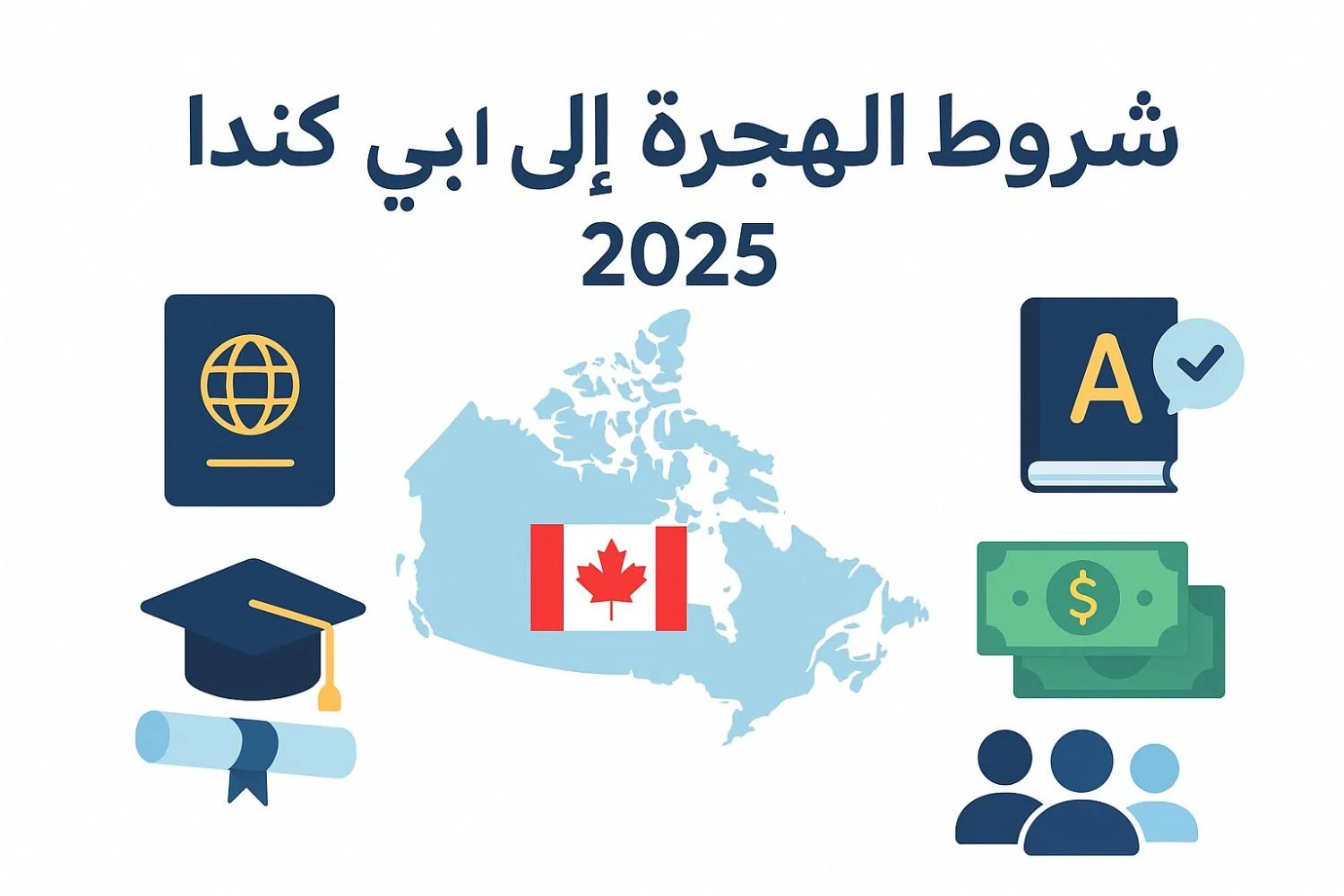 "شروط الهجرة إلى كندا 2025 – خريطة كندا مع أيقونات تمثل المؤهل العلمي، الخبرة العملية، اللغة، الفحص الطبي والقدرة المالية