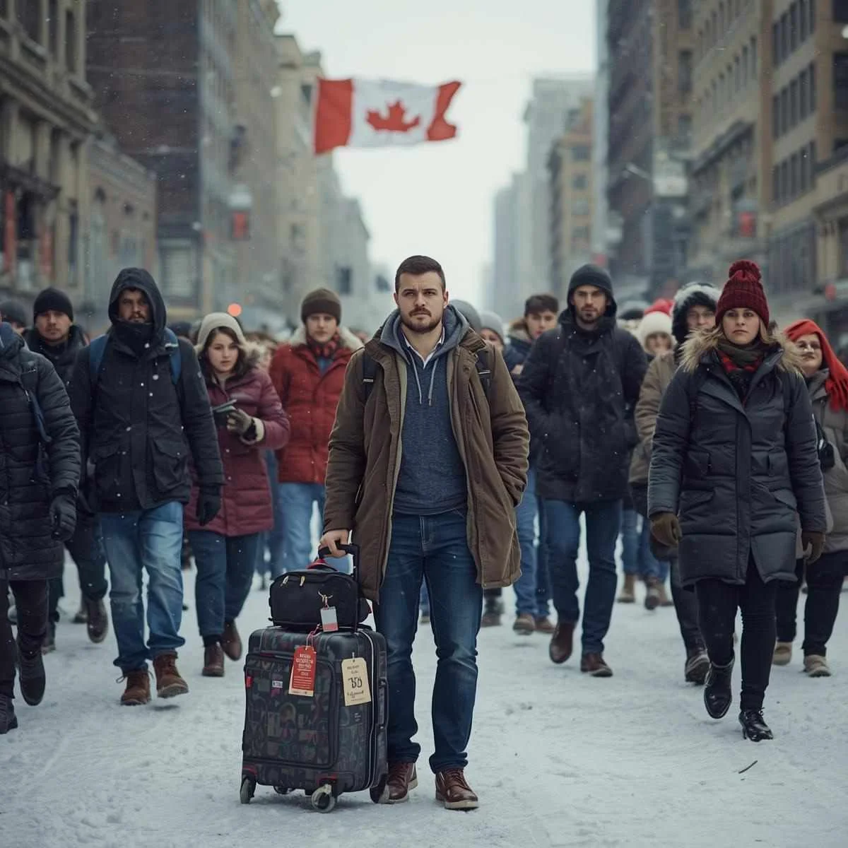 رجل يحمل حقيبة سفر يسير وسط حشد من الناس في شارع ثلجي بكندا مع علم كندي مرفوع في الخلفية.