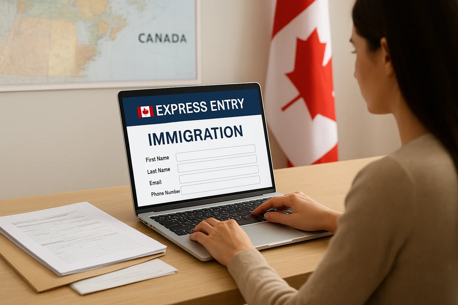 شخص يجلس أمام مكتب حديث يستخدم حاسوبًا محمولًا مفتوحًا على صفحة استمارة الهجرة الكندية عبر نظام الدخول السريع Express Entry، مع وجود أوراق رسمية على المكتب وخلفية تتضمن علم كندا وخريطة.