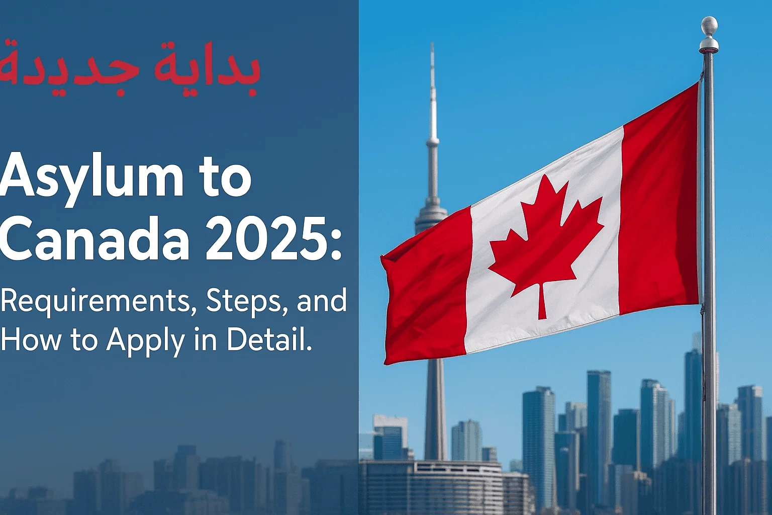 صورة تعبر عن اللجوء إلى كندا تظهر علم كندا وبرج CN مع أفق مدينة تورونتو وشعار بداية جديدة.