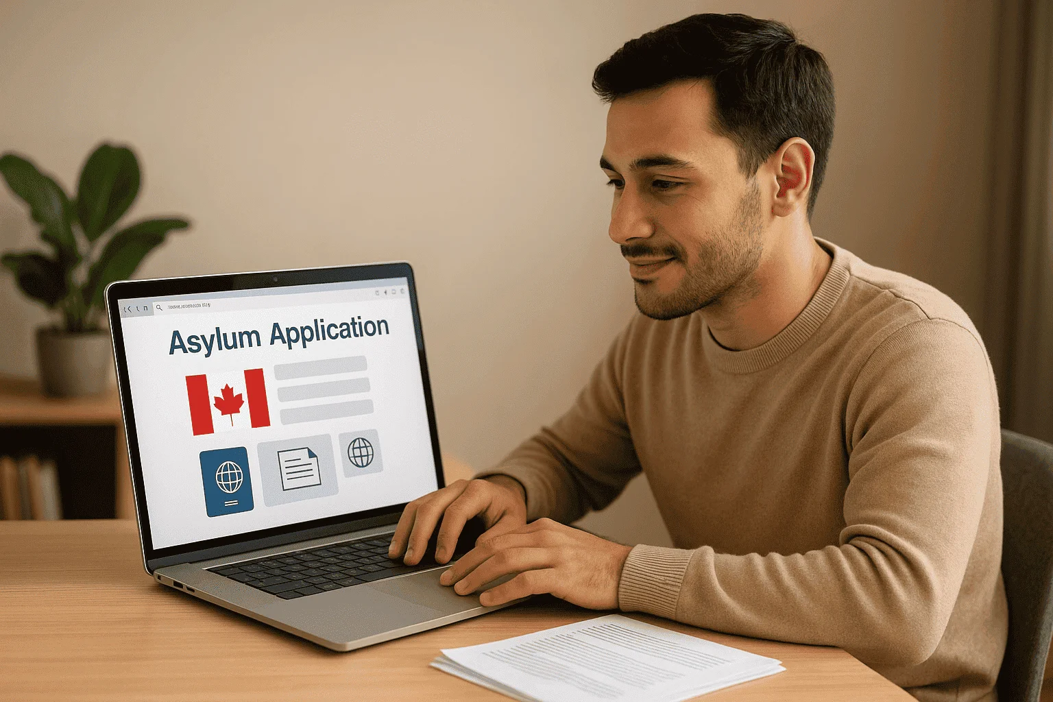 شخص يجلس أمام مكتب منزلي أنيق يستخدم كمبيوتر محمول لتعبئة نموذج طلب لجوء إلى كندا عن طريق الإنترنت، وتظهر على الشاشة صفحة إلكترونية تحمل العلم الكندي.