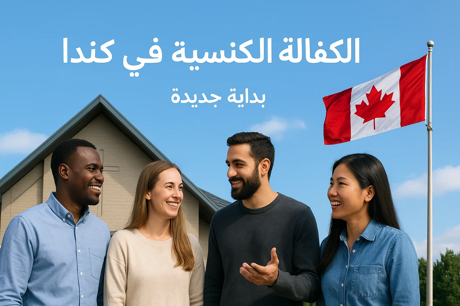 صورة توضح الكفالة الكنسية في كندا، يظهر فيها مبنى كنيسة حديثة الطراز الكندي ومجموعة أشخاص من جنسيات مختلفة يتحدثون معًا، وخلفهم علم كندا يرفرف، تعبيرًا عن الأمل والهجرة الآمنة.