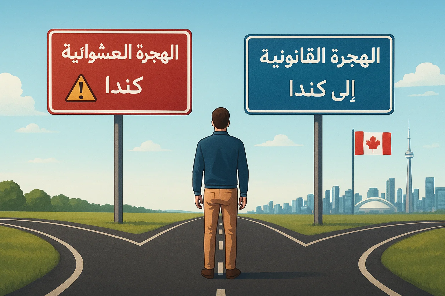 صورة تعبّر عن الفرق بين الهجرة العشوائية والوهمية إلى كندا والهجرة القانونية الحقيقية.