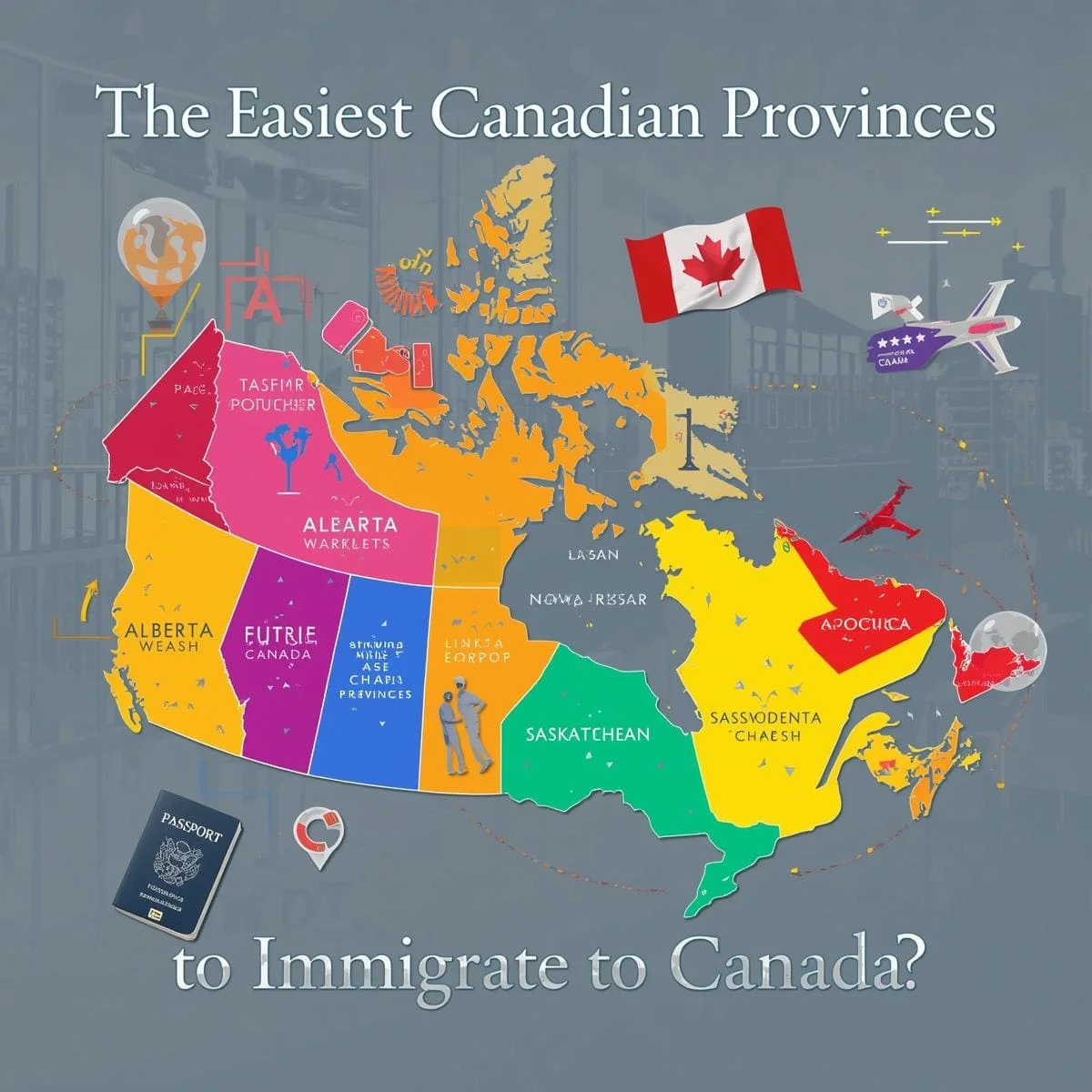 خريطة توضح المقاطعات الكندية الملوّنة مع عنوان يشير إلى أسهل المقاطعات للهجرة إلى كندا، تتضمن رموزًا مثل جواز سفر، علم كندا، وطائرة.