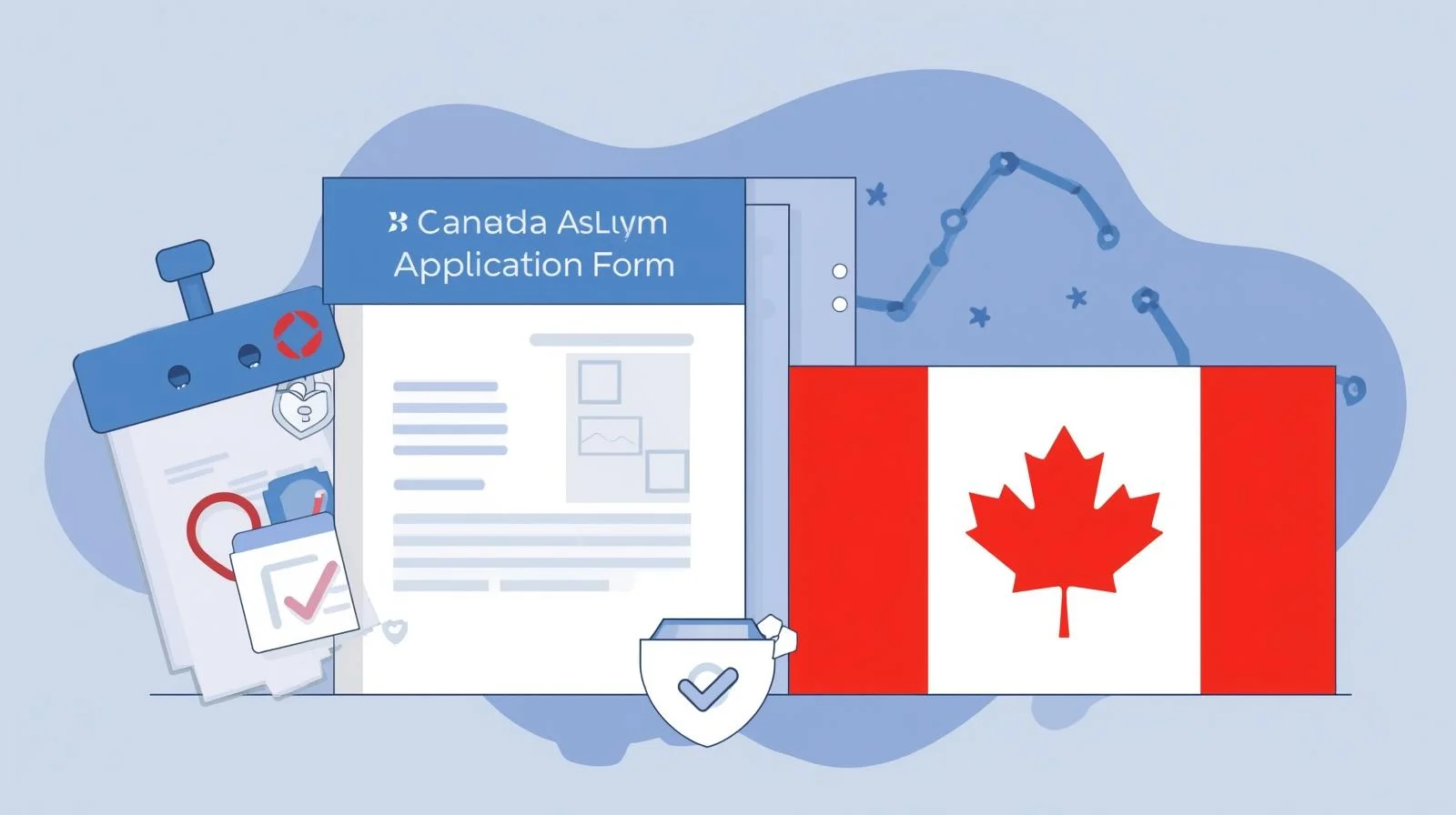 رسم تعبيري لاستمارة طلب لجوء إلى كندا بجانب العلم الكندي، مع رموز الموافقة مثل علامة الصح وأوراق مختومة.