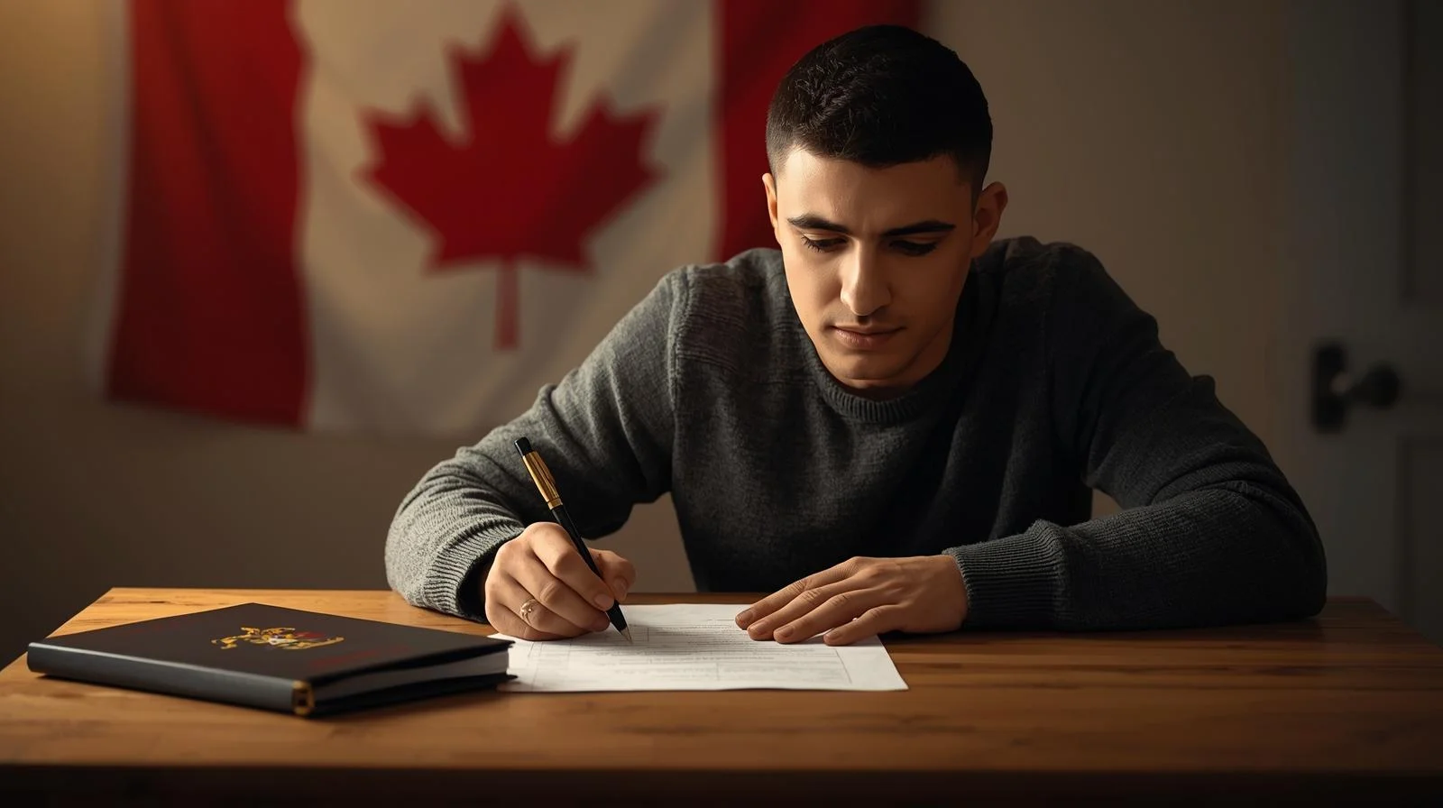 شاب سوري يملأ استمارة اللجوء إلى كندا للسوريين، مع ظهور علم كندا في الخلفية كرمز للأمل في حياة جديدة.