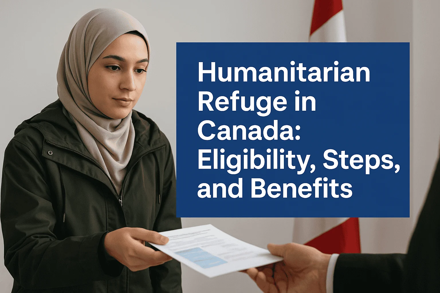 اجئ إنساني يقدم طلب اللجوء في كندا، يرافقه مستندات رسمية، تعبير عن الأمل والحماية الإنسانية