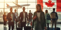 أشخاص يحملون حقائب وجوازات أمام العلم الكندي في مطار، يمثل الهجرة للعمل في كندا
