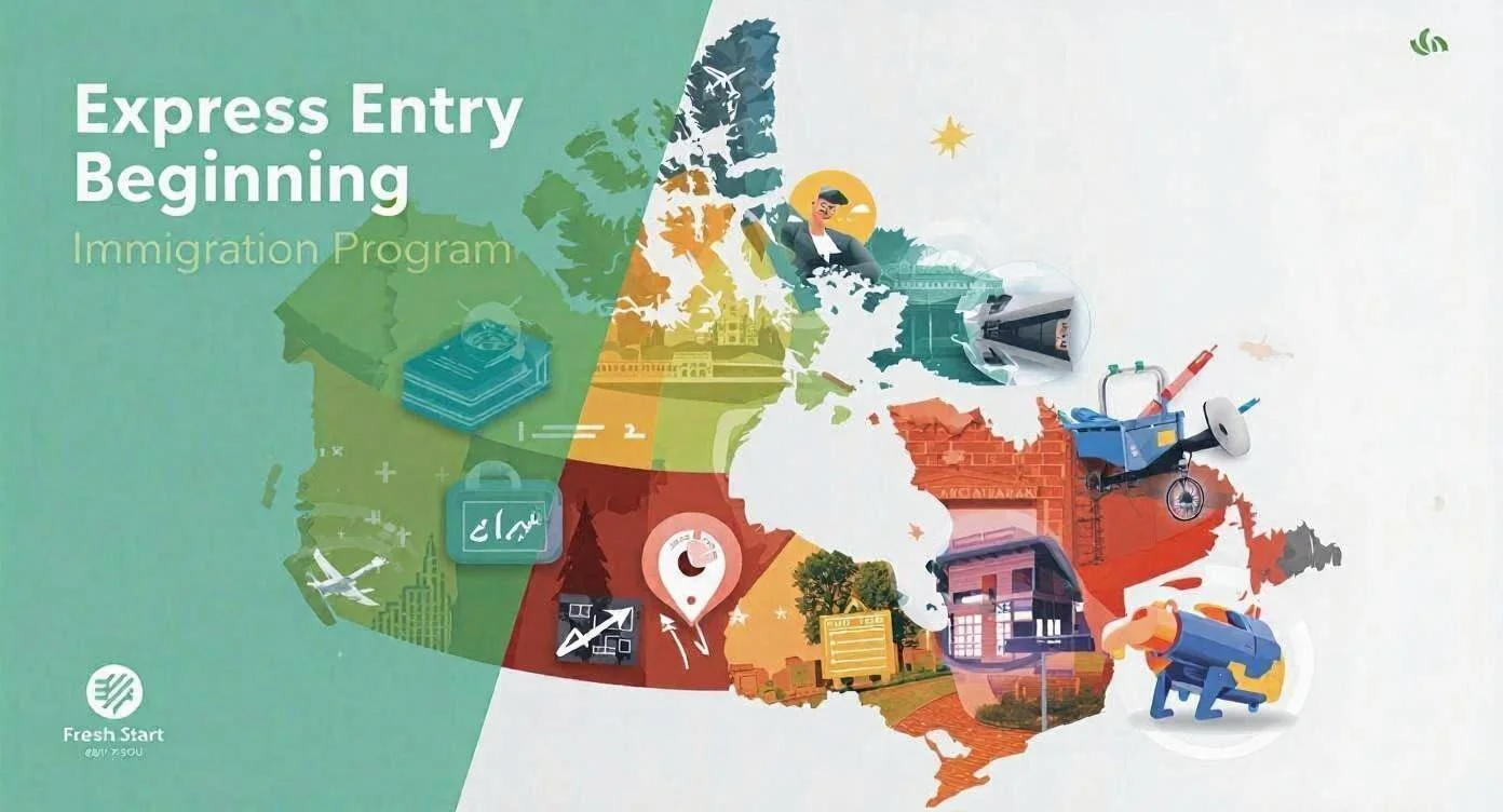 خريطة كندا ملوّنة تُظهر رموزًا تمثل مجالات مختلفة مثل التعليم، العمل، السفر، والهجرة، مع عنوان "Express Entry Beginning – Immigration Program".