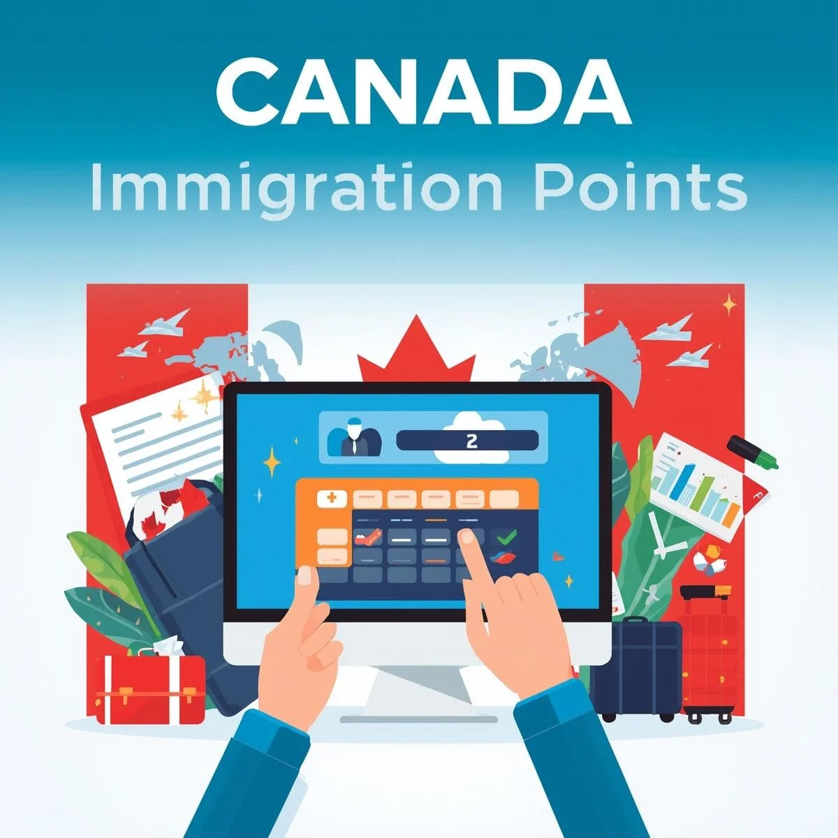 شخص يستخدم جهاز كمبيوتر لحساب نقاط الهجرة إلى كندا، مع خلفية تتضمن علم كندا، حقائب سفر، جواز سفر، ومستندات رسمية، في تصميم عصري بألوان زاهية.