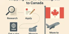 مخطط يوضح خطوات الهجرة إلى كندا من البحث والتقديم والحصول على التأشيرة إلى الانتقال الفعلي إلى كندا.