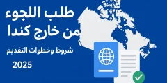 صورة توضيحية تحتوي على خريطة كندا مع نص باللغة العربية يقول "طلب اللجوء من خارج كندا – شروط وخطوات التقديم 2025"، وبجانبها أيقونة لجواز سفر ووثيقة تحمل علامة صح خضراء.