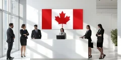 أشخاص بملابس رسمية يقفون في مكتب استقبال حديث أمام علم كندا مع عبارة مكاتب الهجرة الى كندا في مصر