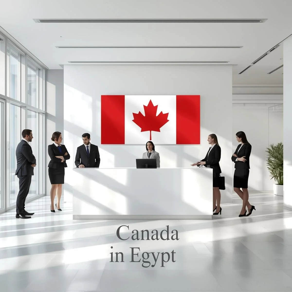 أشخاص بملابس رسمية يقفون في مكتب استقبال حديث أمام علم كندا مع عبارة مكاتب الهجرة الى كندا في مصر