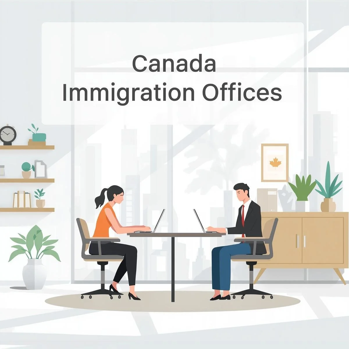 رسم توضيحي لمكتب هجرة إلى كندا يظهر مستشار هجرة مع عميل يناقشان أوراق التقديم مع علم كندا في الخلفية.