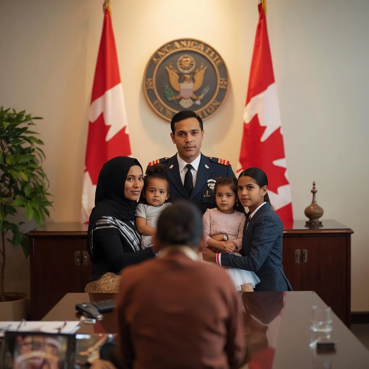 عائلة تجلس أمام موظف اللجوء الكندي في مكتب رسمي، مع وجود علمي كندا في الخلفية، ويظهر الأب بزي رسمي.