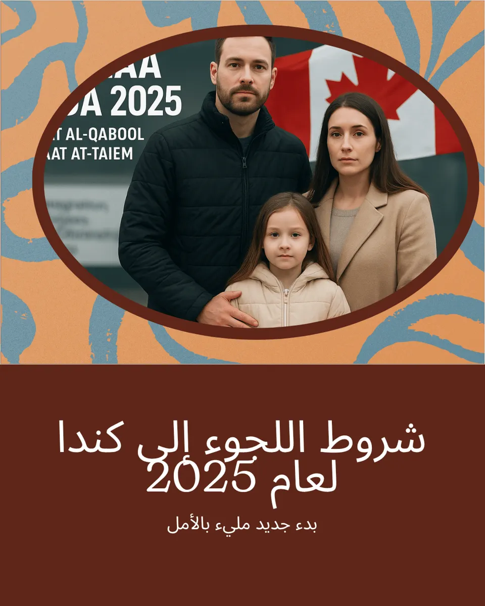 عائلة مكونة من رجل وامرأة وطفلة تقف أمام علم كندا، في تصميم يعرض عنوان "شروط اللجوء إلى كندا لعام 2025" مع عبارة "بدء جديد مليء بالأمل.