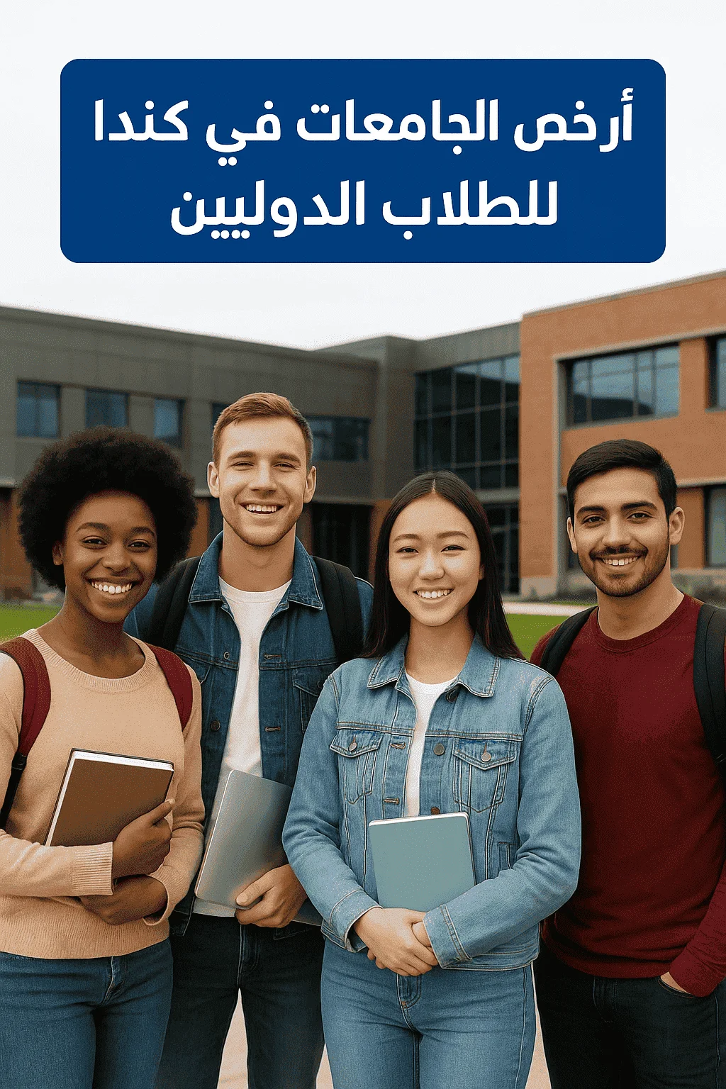 مجموعة من الطلاب الدوليين يقفون أمام مبنى جامعي حديث في كندا، يبتسمون ويحملون كتبًا وحقائب، مع لافتة مكتوب عليها "أرخص الجامعات في كندا للطلاب الدوليين.
