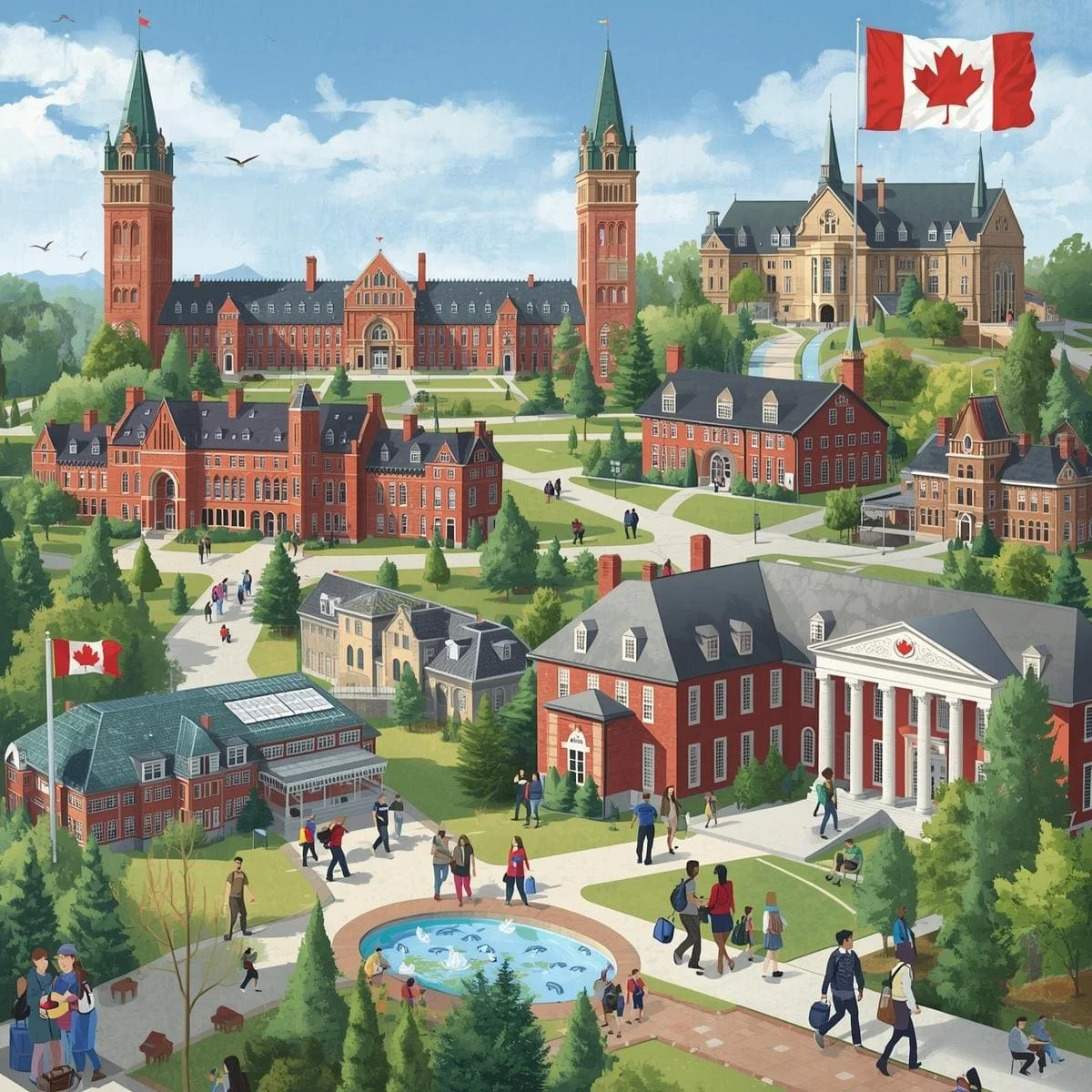 رسم توضيحي نابض بالحياة لجامعة كندية تضم مباني حمراء كلاسيكية وحديثة، طلابًا يسيرون ويدرسون في الهواء الطلق، وأعلام كندا ترفرف في أرجاء الحرم الجامعي.