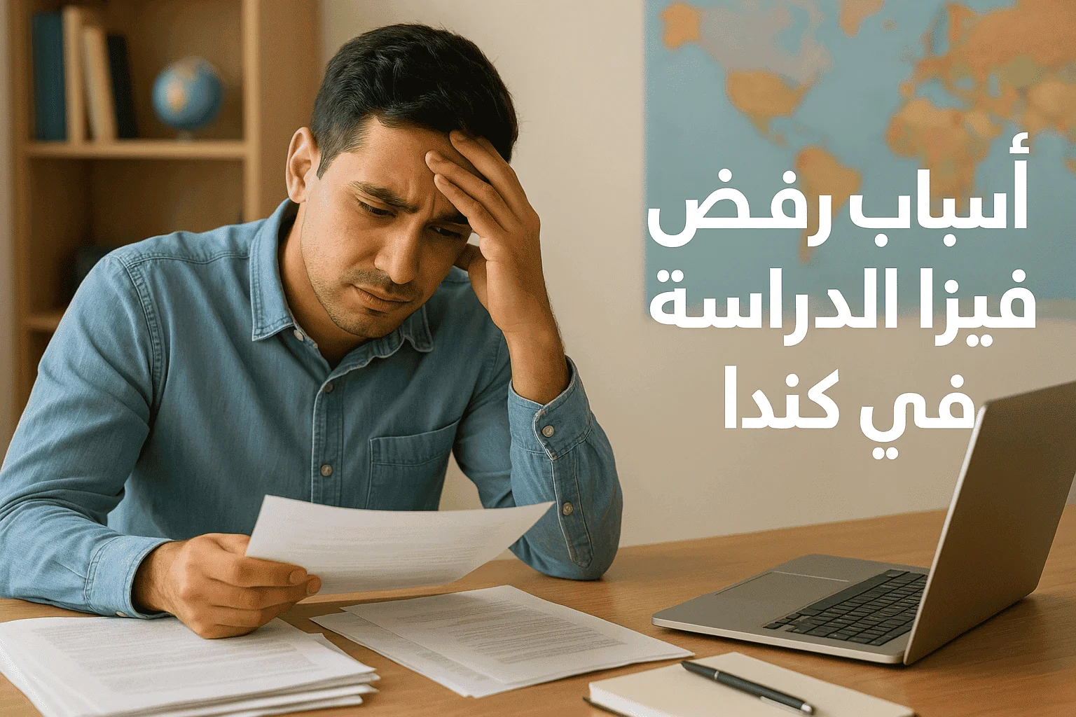 طالب دولي قلق أمام مستنداته بعد رفض فيزا الدراسة في كندا، مع رموز الدراسة في الخارج مثل الكتب واللابتوب والخريطة.