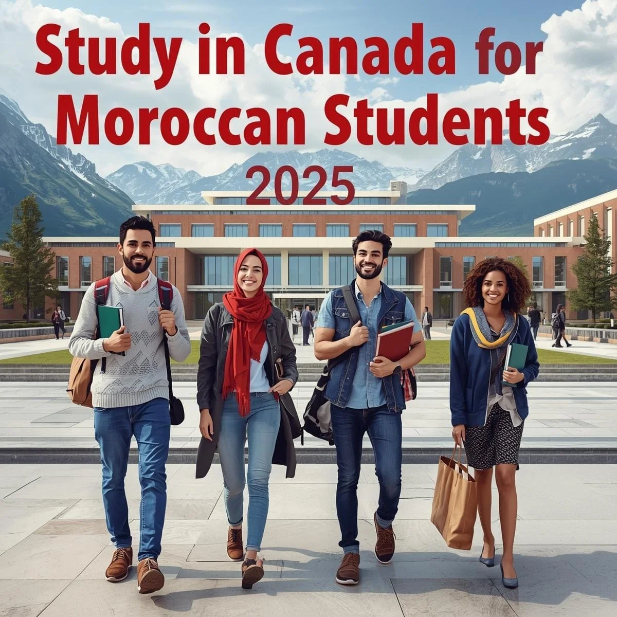 مجموعة من الطلاب المغاربة يسيرون أمام جامعة كندية حديثة، يحملون كتبًا وحقائب، مع خلفية طبيعية تضم جبالًا مغطاة بالثلوج، والنص على الصورة يقول: "Study in Canada for Moroccan Students 2025".
