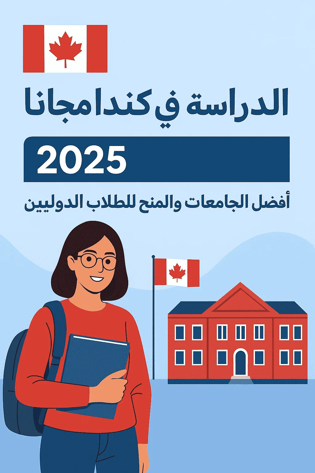 طالبة تحمل كتبًا وحقيبة ظهر تقف أمام جامعة كندية، مع علم كندا في الخلفية ونص مكتوب بالعربية يقول "الدراسة في كندا مجانًا 2025 – أفضل الجامعات والمنح للطلاب الدوليين