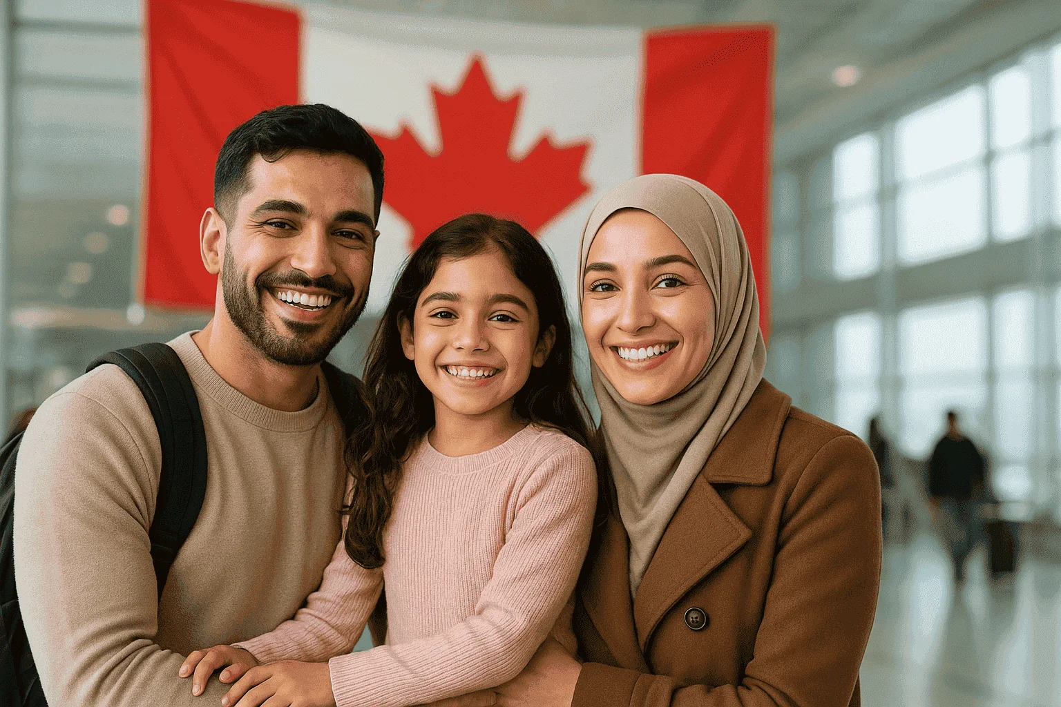 عائلة لاجئة سعيدة تصل إلى كندا، تبتسم في المطار وخلفها علم كندا الكبير، في أجواء دافئة ومليئة بالأمل.