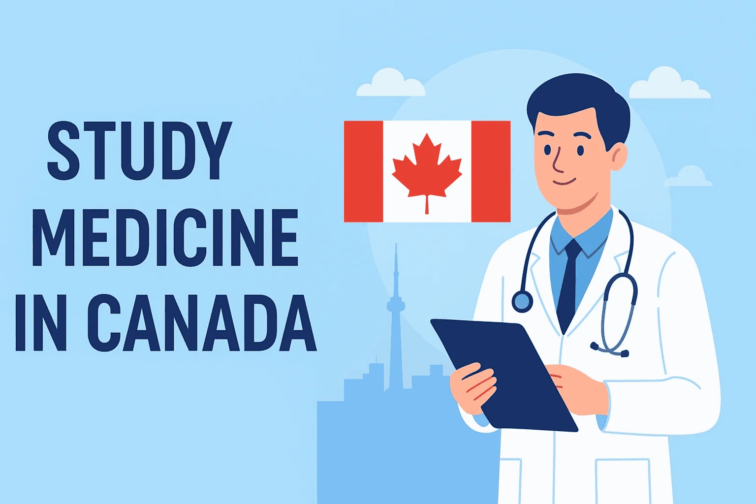 طبيب مبتسم يرتدي معطفًا أبيض وسماعة طبية، يحمل ملفًا في يده، وخلفه علم كندا مع عبارة "Study Medicine in Canada".