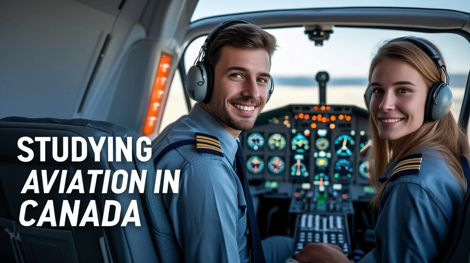 طلاب يدرسون الطيران في كندا أثناء تدريبهم على الطائرة، مع فرص الحصول على منح وبرامج ممولة لتقليل التكاليف.