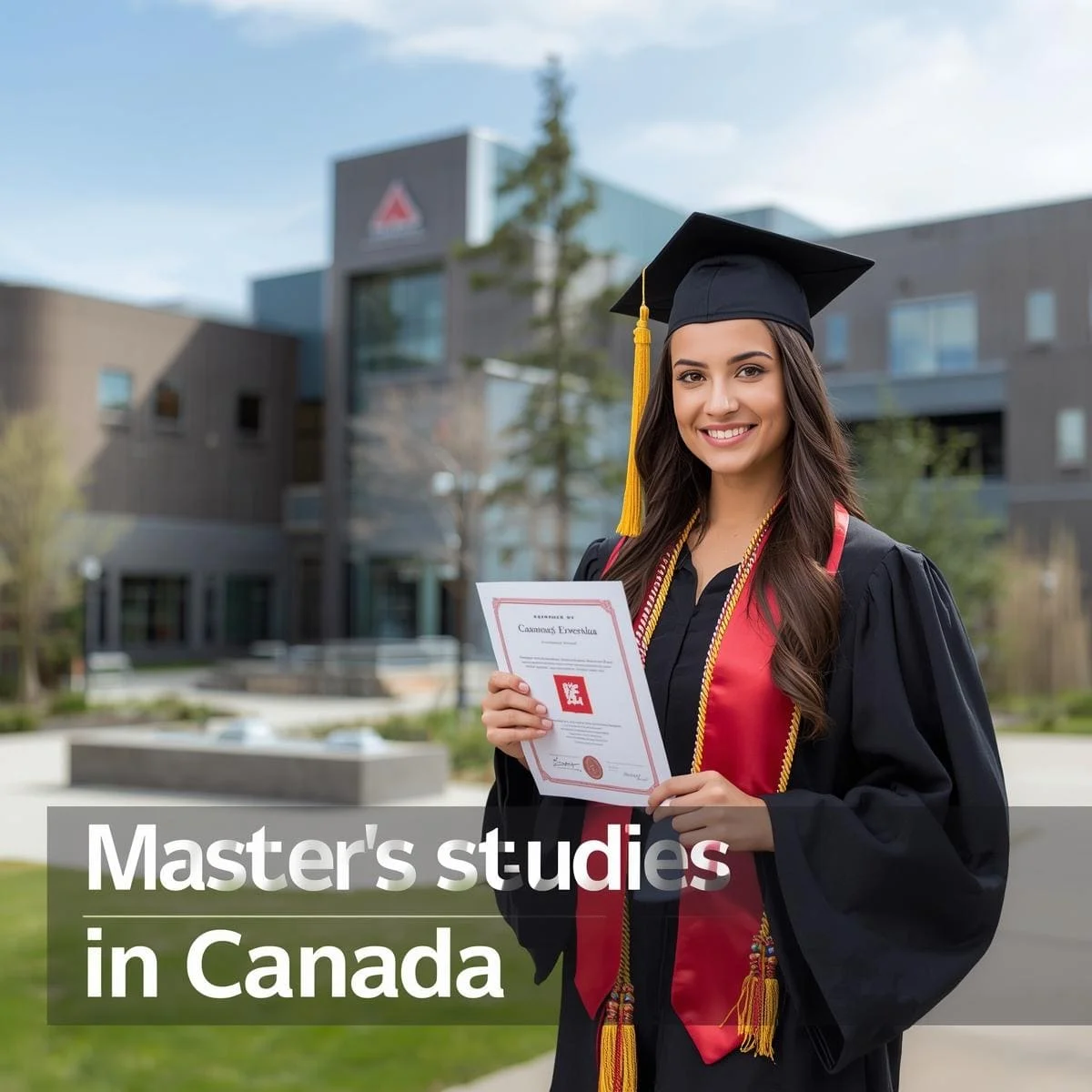 طالبة جامعية ترتدي زي التخرج تحمل شهادة أمام مبنى جامعة حديث في كندا، مع نص على الصورة يقول: "Master’s studies in Canada".