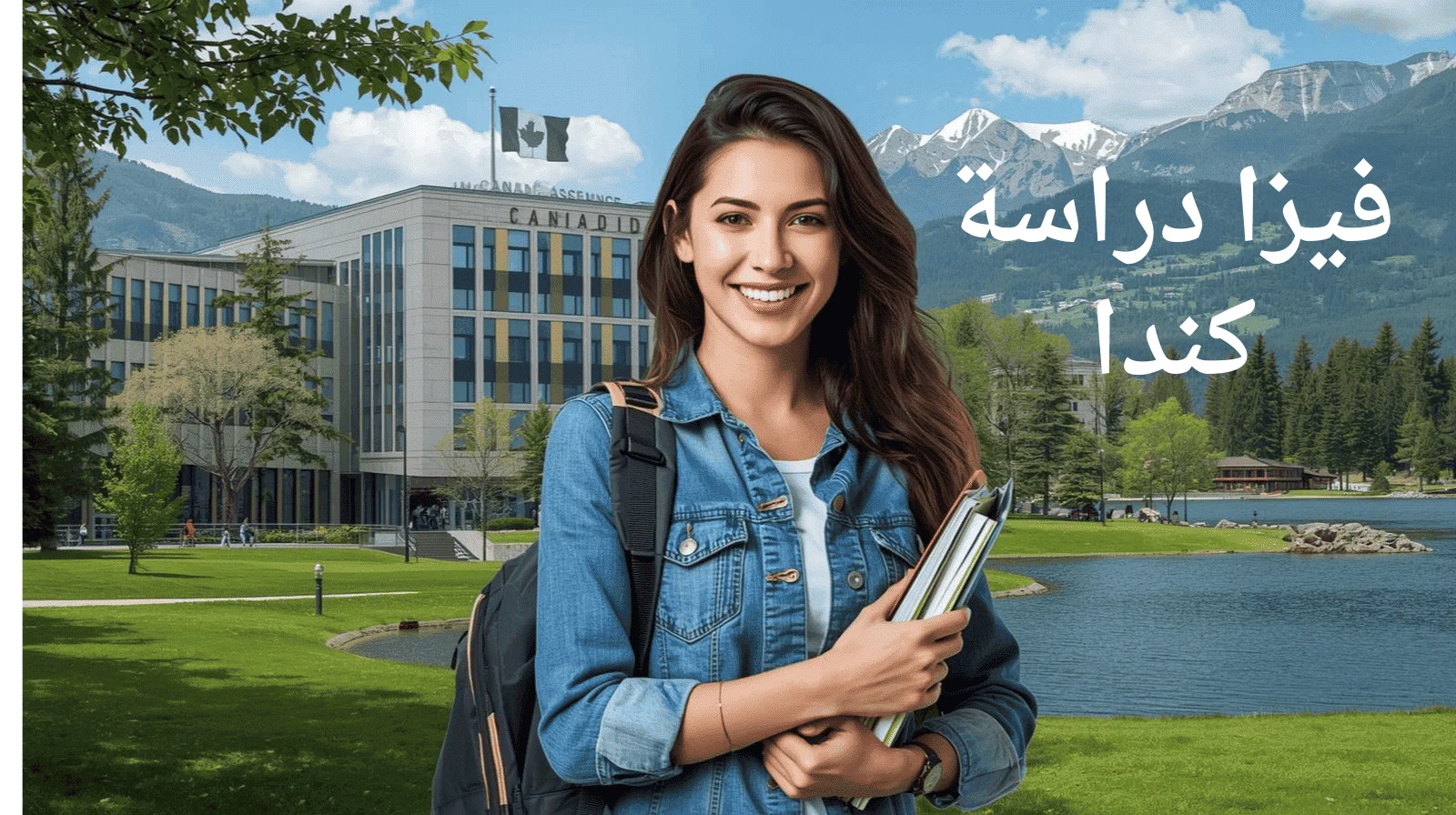 طالبة مبتسمة تحمل كتبًا وحقيبة ظهر تقف أمام جامعة كندية حديثة، مع خلفية طبيعية تضم بحيرة وجبال مغطاة بالثلوج، وبجانبها عبارة "فيزا دراسة كندا".