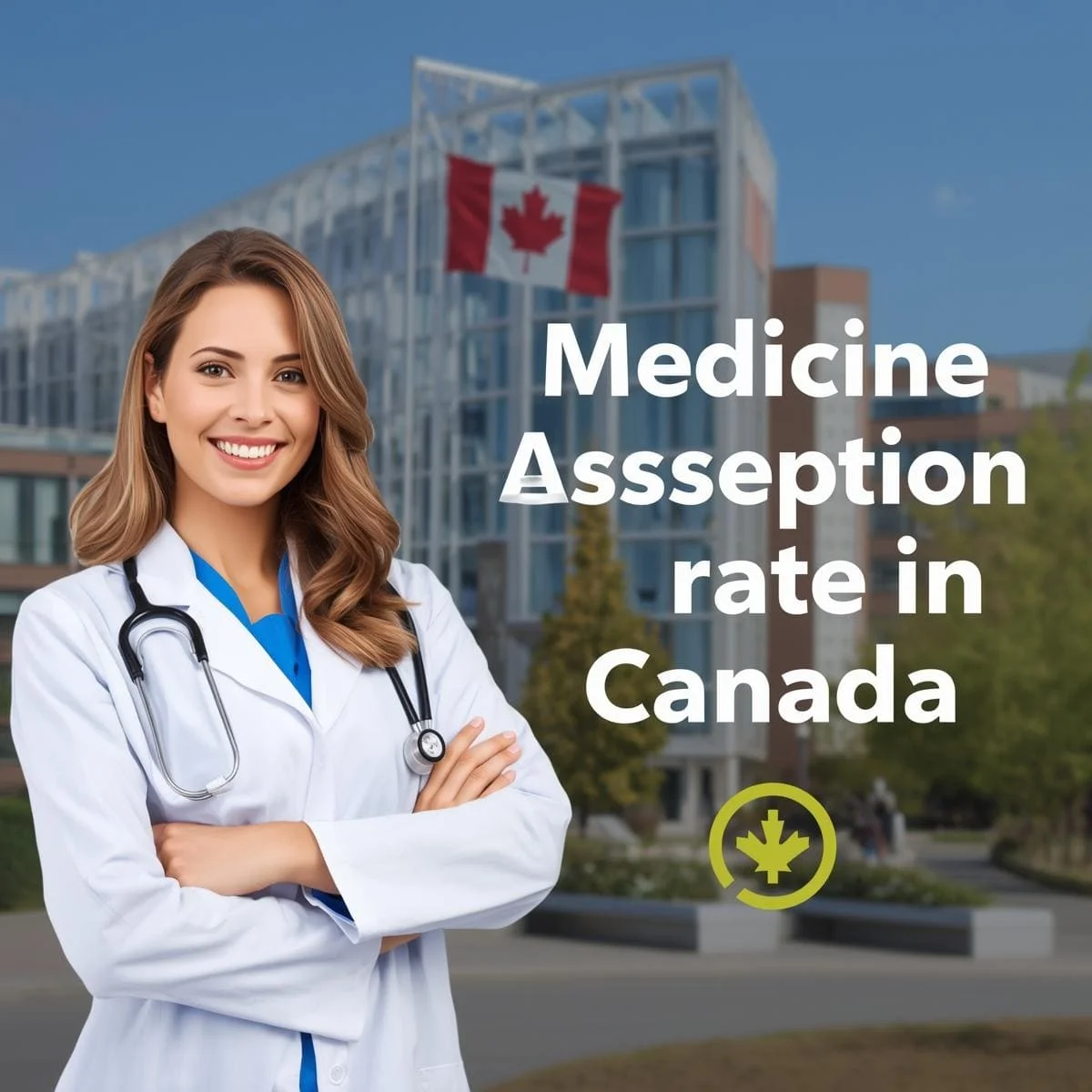 طالبة طب ترتدي معطفًا أبيض وسماعة طبية تقف أمام مبنى جامعي في كندا، مع علم كندا في الخلفية ونص مكتوب بالإنجليزية يقول: "Medicine Acceptance rate in Canada".