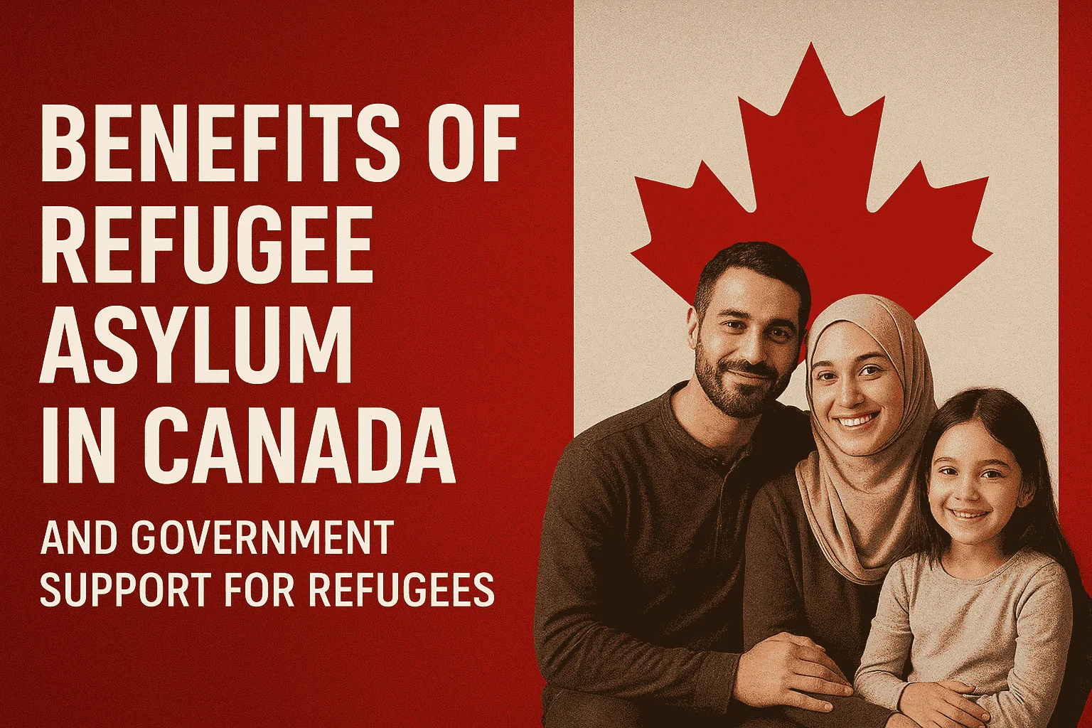 عائلة مبتسمة مكونة من رجل وامرأة وطفلة أمام علم كندا، مع نص يوضح مميزات اللجوء والدعم الحكومي للاجئين.