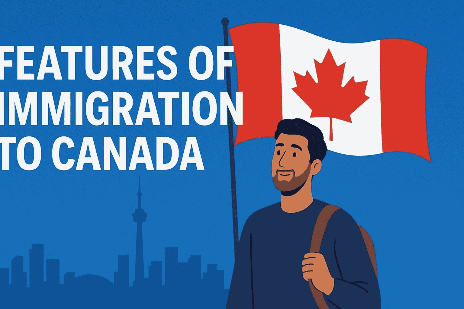 شاب يحمل حقيبة سفر أمام علم كندا يرمز إلى مميزات الهجرة إلى كندا والعمل والدراسة والاستقرار في 2025.