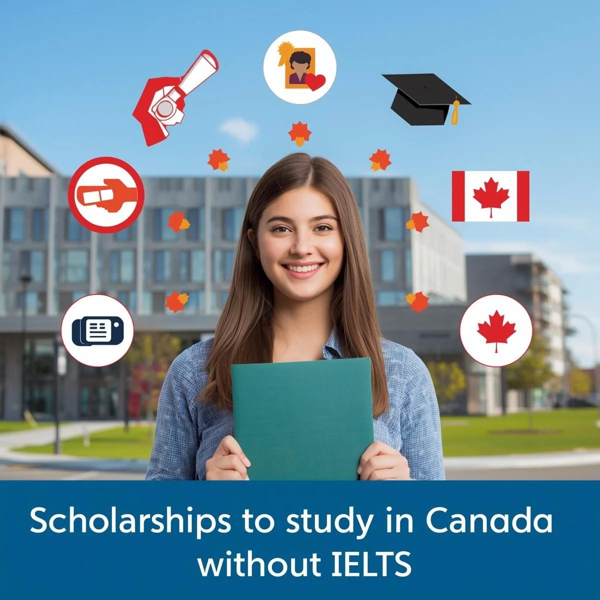 طالبة جامعية مبتسمة تحمل ملفًا أخضر وتقف أمام جامعة في كندا، مع رموز تعليمية وأعلام كندية حولها، ونص مكتوب بالإنجليزية يقول: Scholarships to study in Canada without IELTS.