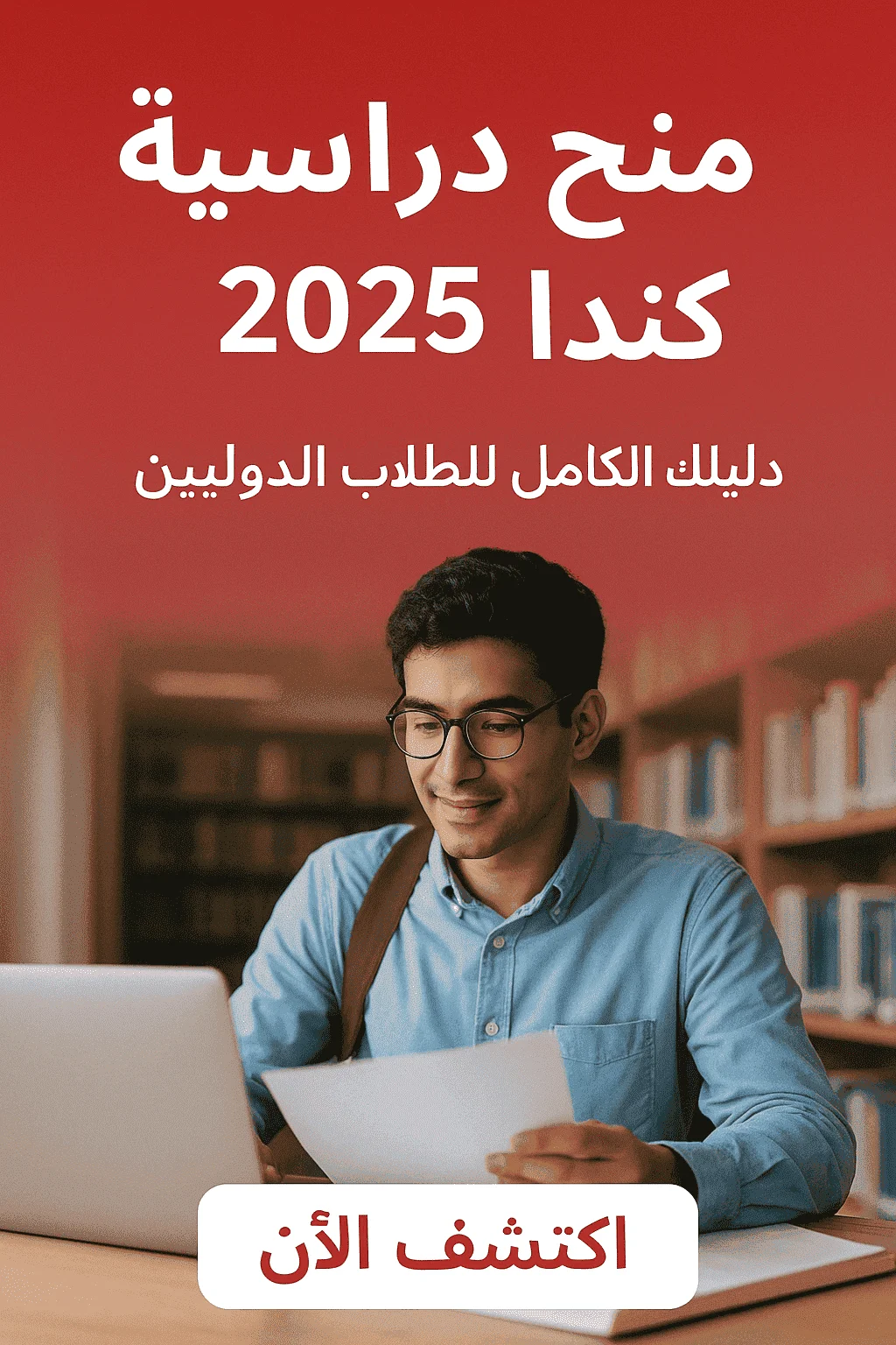 طالب جامعي يجلس في مكتبة يستخدم حاسوبه المحمول، مع نص باللغة العربية يقول منح دراسية كندا 2025 – دليلك الكامل للطلاب الدوليين، وخلفية حمراء توحي بالحماس والطموح.