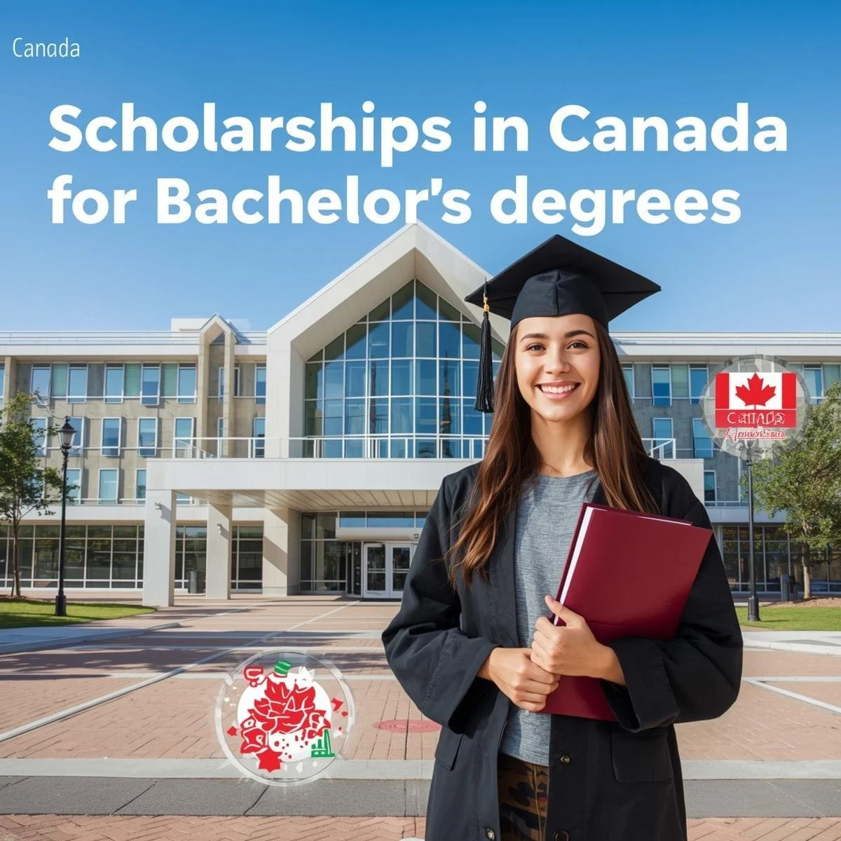 طالبة جامعية ترتدي زي التخرج وتقف أمام مبنى جامعة حديث في كندا، تحمل ملفًا أحمر وتبتسم، مع نص مكتوب بالإنجليزية: "Scholarships in Canada for Bachelor's degrees".