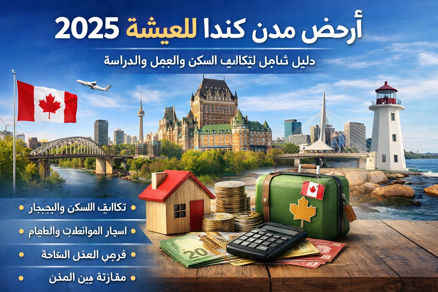 خريطة كندا مع تمييز أرخص المدن للمعيشة 2025: وينيبيغ، كيبيك سيتي، هاميلتون، هاليفاكس، لندن، مع أيقونات السكن والطعام والمواصلات والعمل وأشخاص يمثلون مهاجرين سعداء.