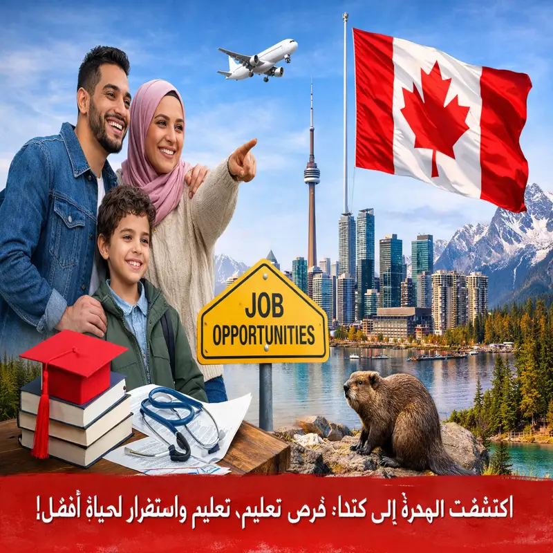 خريطة كندا مع علم كندي وشخص عربي مبتسم يرمز للمهاجرين، مع أيقونات تمثل فرص العمل والتعليم والاستقرار – مميزات الهجرة إلى كندا