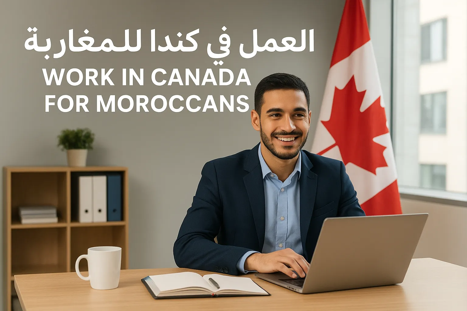 رجل يجلس في مكتب حديث أمام حاسوب محمول مع خلفية يظهر فيها علم كندا ونص مكتوب "العمل في كندا للمغاربة".