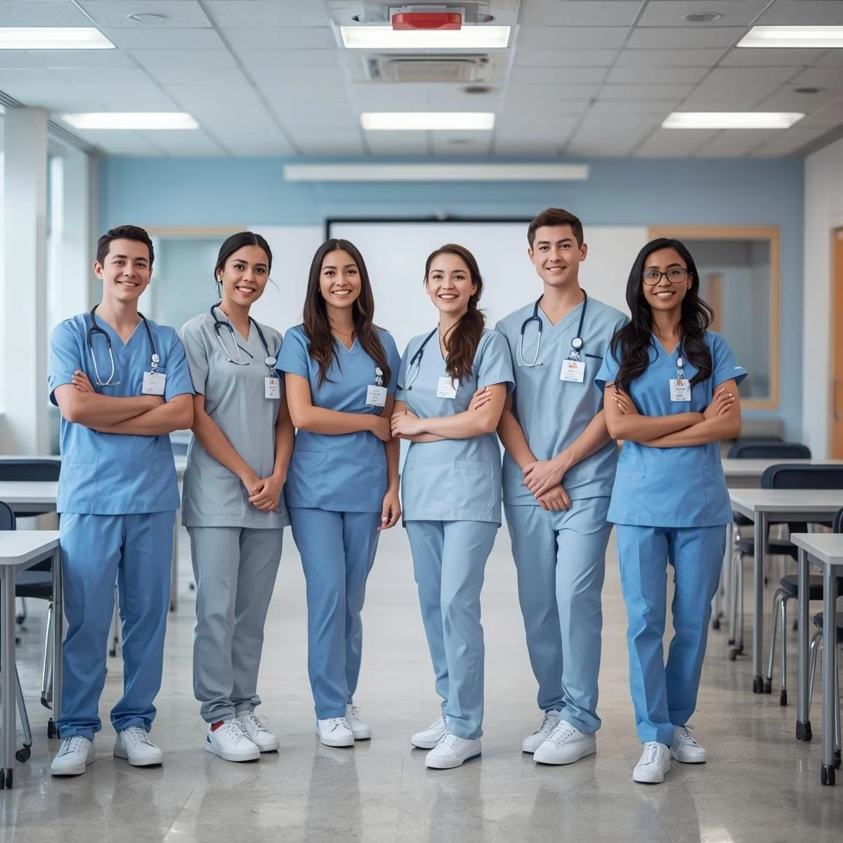 مجموعة من طلاب التمريض الدوليين يرتدون زي التمريض الأزرق، يقفون معًا في فصل دراسي حديث في كندا، مبتسمين بثقة.