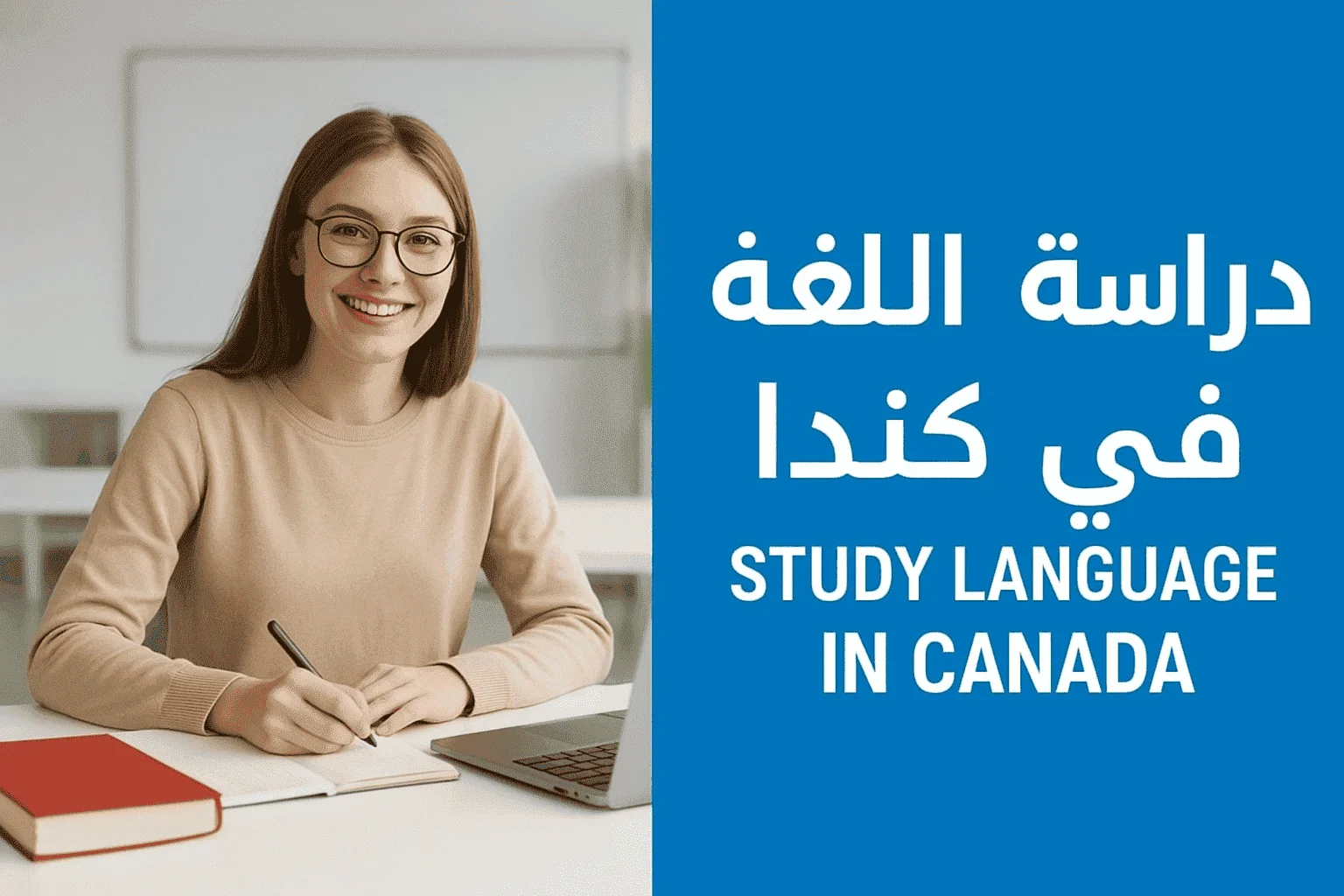 طالبة تجلس أمام حاسوب محمول في قاعة دراسية، تبتسم أثناء الكتابة، وبجانبها كتاب أحمر، مع نص على الصورة يقول دراسة اللغة في كندا – Study Language in Canada".