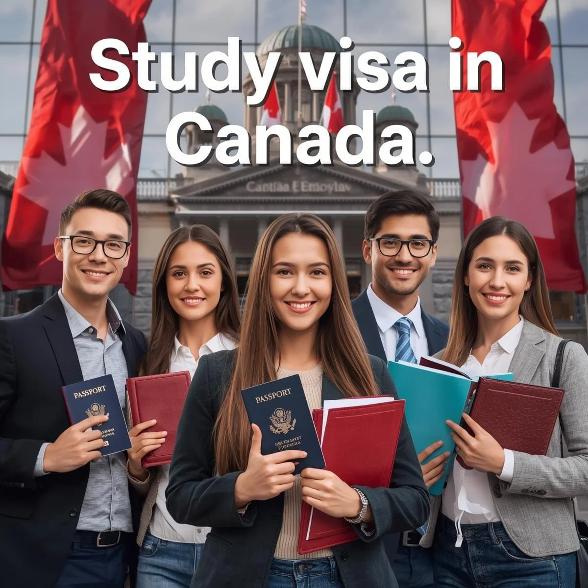 مجموعة من الطلاب يقفون أمام مبنى يحمل أعلام كندا، يحملون جوازات سفر وملفات دراسية، مع نص على الصورة يقول "Study visa in Canada".