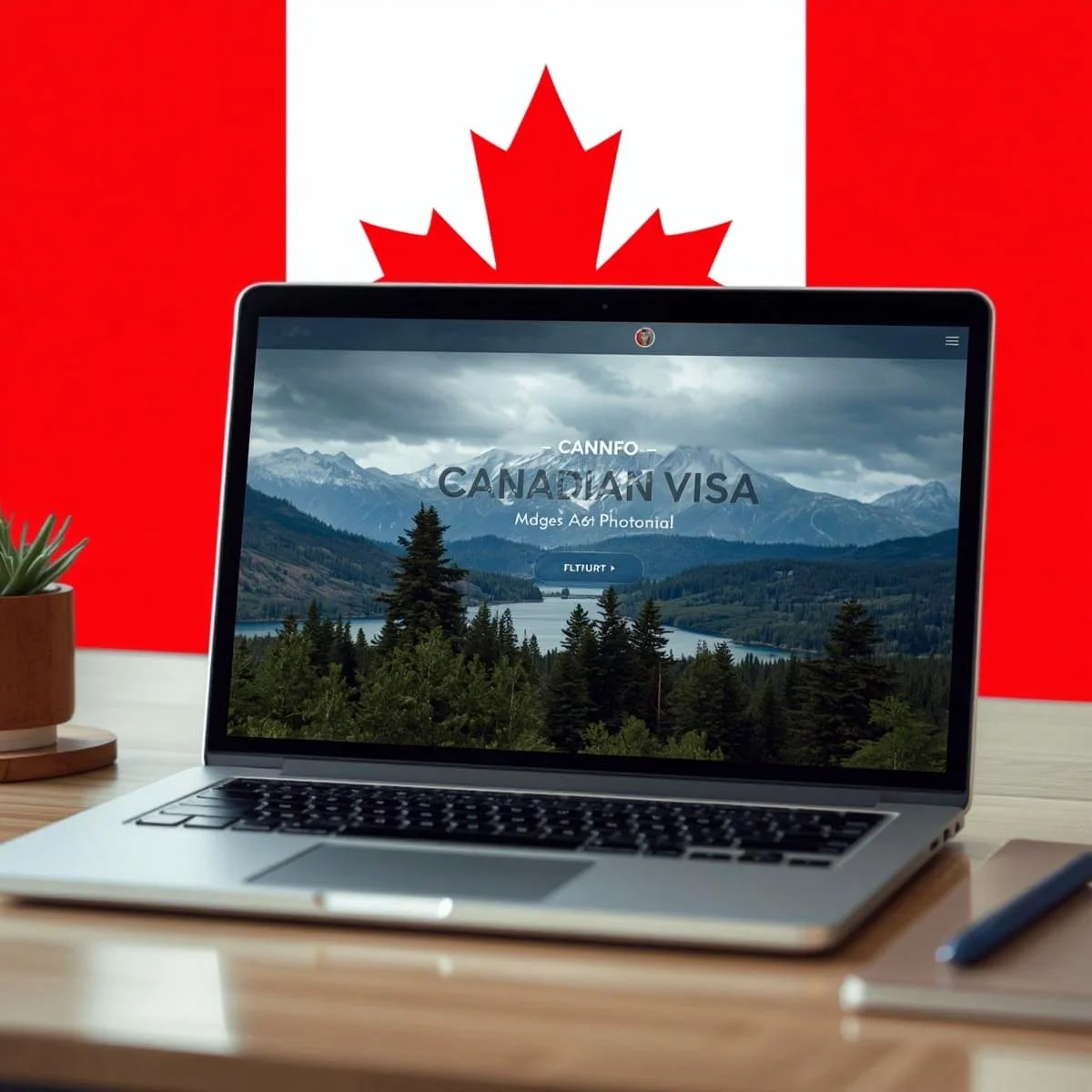 حاسوب محمول مفتوح على مكتب حديث يعرض موقعًا إلكترونيًا عن فيزا كندا، مع خلفية طبيعية لجبال وغابات كندية.