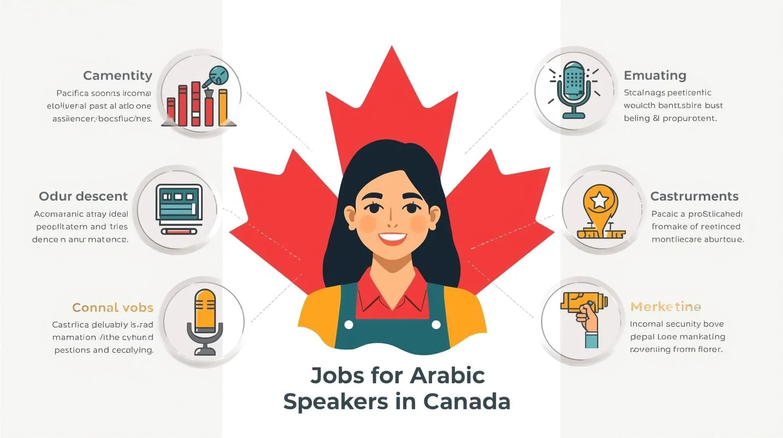 صورة انفوجرافيك توضح وظائف للناطقين بالعربية في كندا، تشمل خريطة كندا مع علم أحمر، شخص عربي مبتسم، وأيقونات وظائف مثل حاسوب وكتب وميكروفون وأدوات تسويق